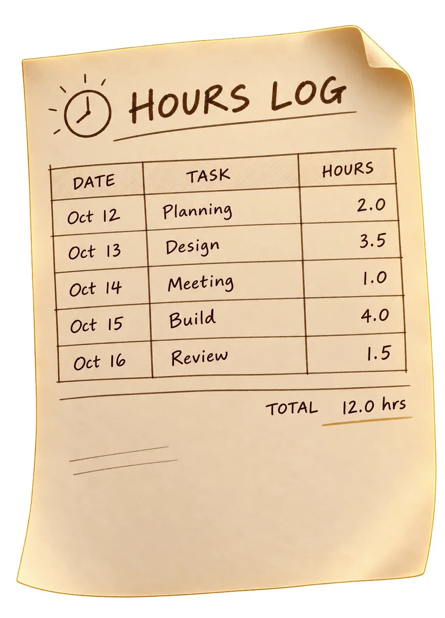 A hand-drawn hours log: a week of dated tasks with their hours, totalling twelve.