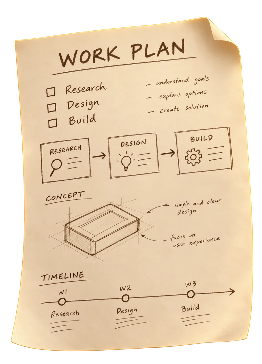 A hand-drawn work plan: research, design and build, a concept sketch, and a three-week timeline.